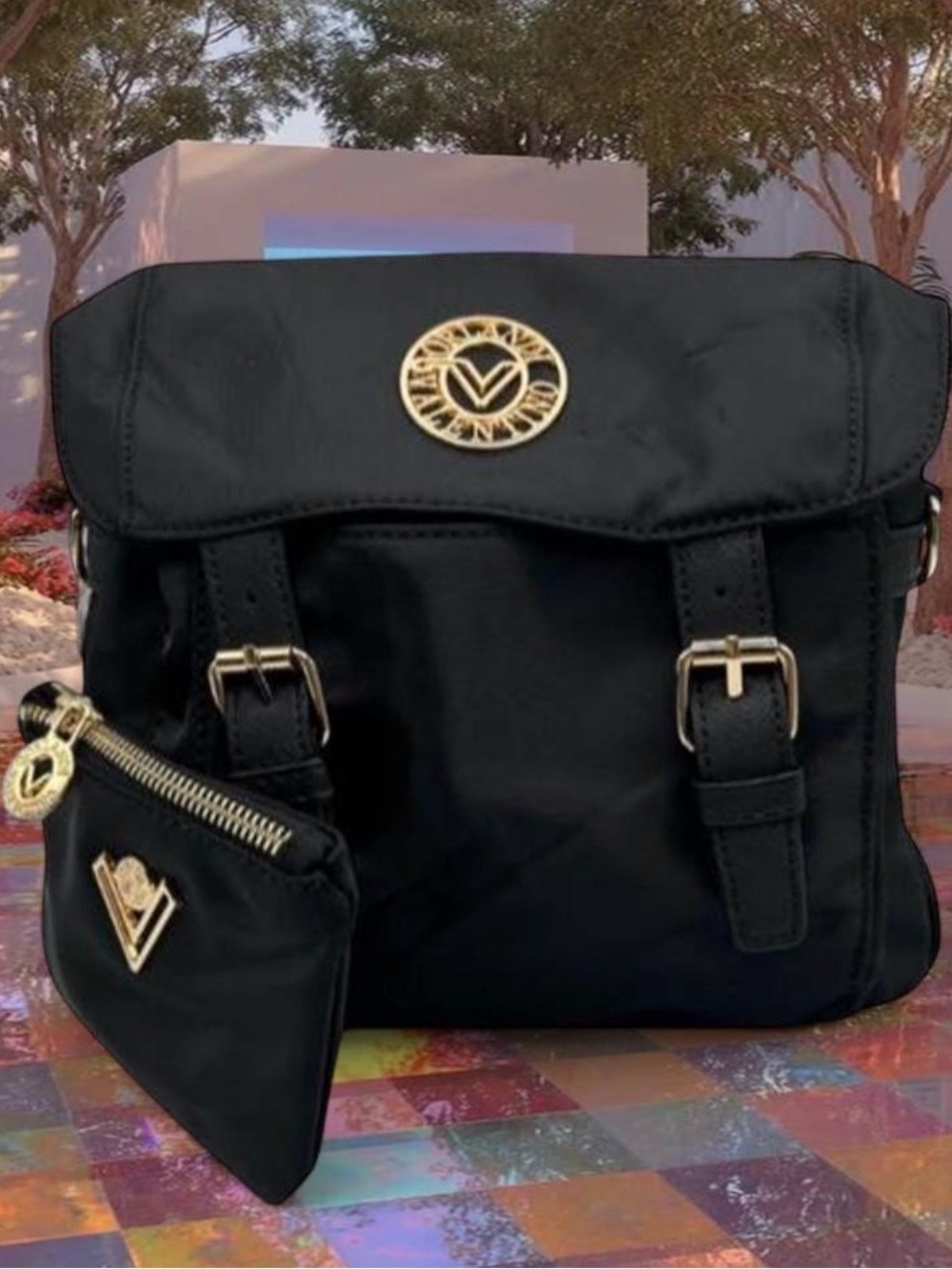 Valentino Orlandi V Logo Black Nylon Crossbody/backpack Bag with Pouch NWT